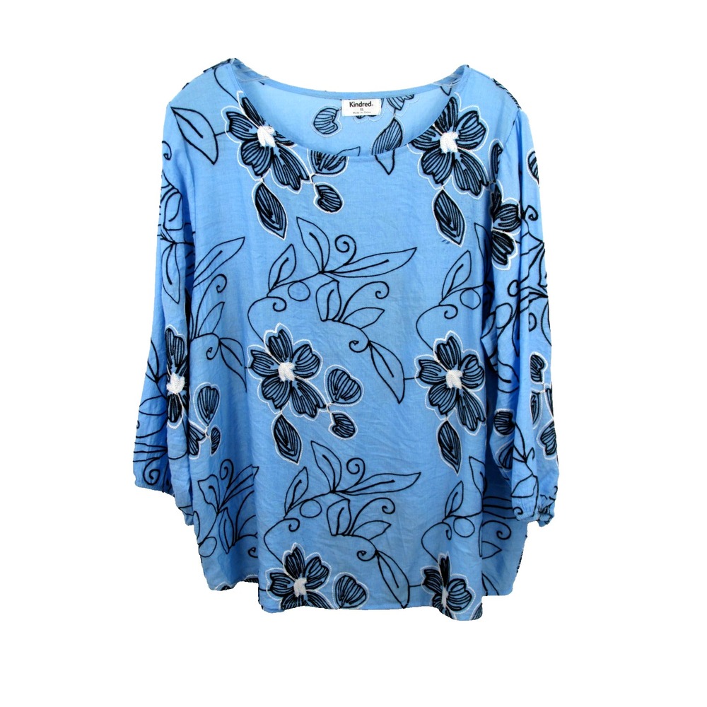 KINDRED ANTHRO Pullover Tunic Top Women XL Blue Floral Embroidery Cottage Core